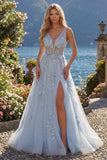 A-Line Blue V-Neck Beaded Corset Appliqued Long Ball Dress with Slit