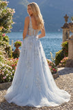 A-Line Blue V-Neck Beaded Corset Appliqued Long Ball Dress with Slit
