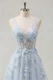 A-Line Blue V-Neck Beaded Corset Appliqued Long Ball Dress with Slit