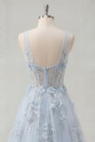 A-Line Blue V-Neck Beaded Corset Appliqued Long Ball Dress with Slit