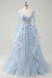 Blue A-Line Beaded Long Sleeves Corset Ball Dress with Appliqued 3D Flowers