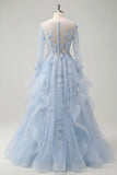 Blue A-Line Beaded Long Sleeves Corset Ball Dress with Appliqued 3D Flowers