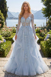 Blue A-Line Beaded Long Sleeves Corset Ball Dress with Appliqued 3D Flowers