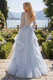 Blue A-Line Beaded Long Sleeves Corset Ball Dress with Appliqued 3D Flowers