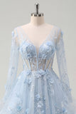 Blue A-Line Beaded Long Sleeves Corset Ball Dress with Appliqued 3D Flowers