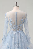 Blue A-Line Beaded Long Sleeves Corset Ball Dress with Appliqued 3D Flowers