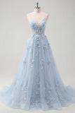 A-Line Blue Spaghetti Straps Beaded Sheer Corset Long Ball Dress with Appliques