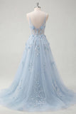 A-Line Blue Spaghetti Straps Beaded Sheer Corset Long Ball Dress with Appliques