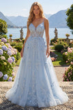 A-Line Blue Spaghetti Straps Beaded Sheer Corset Long Ball Dress with Appliques