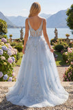 A-Line Blue Spaghetti Straps Beaded Sheer Corset Long Ball Dress with Appliques