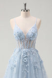 A-Line Blue Spaghetti Straps Beaded Sheer Corset Long Ball Dress with Appliques