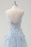 A-Line Blue Spaghetti Straps Beaded Sheer Corset Long Ball Dress with Appliques