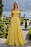 Sparkly A-Line Yellow Off the Shoulder Corset Sequins Long Ball Dress