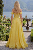 Sparkly A-Line Yellow Off the Shoulder Corset Sequins Long Ball Dress