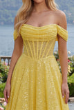 Sparkly A-Line Yellow Off the Shoulder Corset Sequins Long Ball Dress