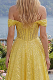 Sparkly A-Line Yellow Off the Shoulder Corset Sequins Long Ball Dress