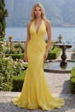 Sparkly Mermaid Yellow Halter Neck Sequins Long Ball Dress