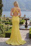 Sparkly Mermaid Yellow Halter Neck Sequins Long Ball Dress