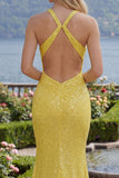 Sparkly Mermaid Yellow Halter Neck Sequins Long Ball Dress