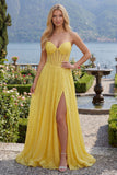 Sparkly Yellow A-Line Sweetheart Corset Sequins Long Ball Dress with Slit