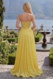 Sparkly Yellow A-Line Sweetheart Corset Sequins Long Ball Dress with Slit