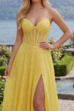 Sparkly Yellow A-Line Sweetheart Corset Sequins Long Ball Dress with Slit