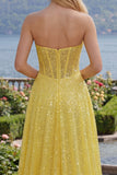 Sparkly Yellow A-Line Sweetheart Corset Sequins Long Ball Dress with Slit