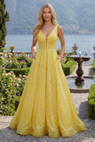 Sparkly Yellow A-Line Corset V-Neck Sequins Long Ball Dress with Pockets
