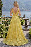 Sparkly Yellow A-Line Corset V-Neck Sequins Long Ball Dress with Pockets