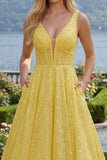 Sparkly Yellow A-Line Corset V-Neck Sequins Long Ball Dress with Pockets