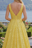 Sparkly Yellow A-Line Corset V-Neck Sequins Long Ball Dress with Pockets