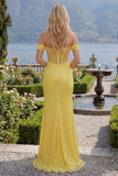 Sparkly Yellow Off the Shoulder Mermaid Corset Sequins Long Ball Dress with Slit