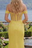 Sparkly Yellow Off the Shoulder Mermaid Corset Sequins Long Ball Dress with Slit
