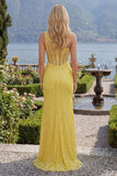 Sparkly Yellow Mermaid One Shoulder Corset Sequins Long Ball Dress with Slit