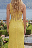 Sparkly Yellow Mermaid One Shoulder Corset Sequins Long Ball Dress with Slit