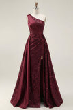 Sparkly Burgundy A-Line One Shoulder Sequins Long Ball Dress with Slit