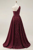 Sparkly Burgundy A-Line One Shoulder Sequins Long Ball Dress with Slit