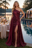 Sparkly Burgundy A-Line One Shoulder Sequins Long Ball Dress with Slit