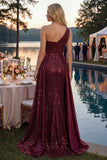 Sparkly Burgundy A-Line One Shoulder Sequins Long Ball Dress with Slit