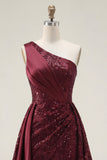 Sparkly Burgundy A-Line One Shoulder Sequins Long Ball Dress with Slit