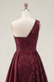 Sparkly Burgundy A-Line One Shoulder Sequins Long Ball Dress with Slit