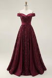 Sparkly Off the Shoulder Burgundy A-Line Sequins Long Ball Dress