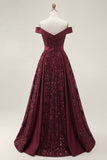 Sparkly Off the Shoulder Burgundy A-Line Sequins Long Ball Dress