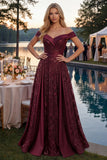 Sparkly Off the Shoulder Burgundy A-Line Sequins Long Ball Dress
