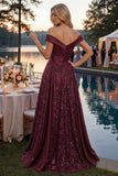 Sparkly Off the Shoulder Burgundy A-Line Sequins Long Ball Dress