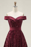 Sparkly Off the Shoulder Burgundy A-Line Sequins Long Ball Dress