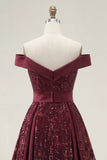 Sparkly Off the Shoulder Burgundy A-Line Sequins Long Ball Dress