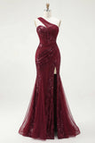 Sparkly One Shoulder Burgundy Mermaid Sequins Long Ball  Dress with Slit