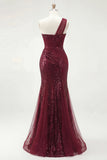 Sparkly One Shoulder Burgundy Mermaid Sequins Long Ball  Dress with Slit
