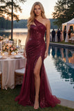 Sparkly One Shoulder Burgundy Mermaid Sequins Long Ball  Dress with Slit